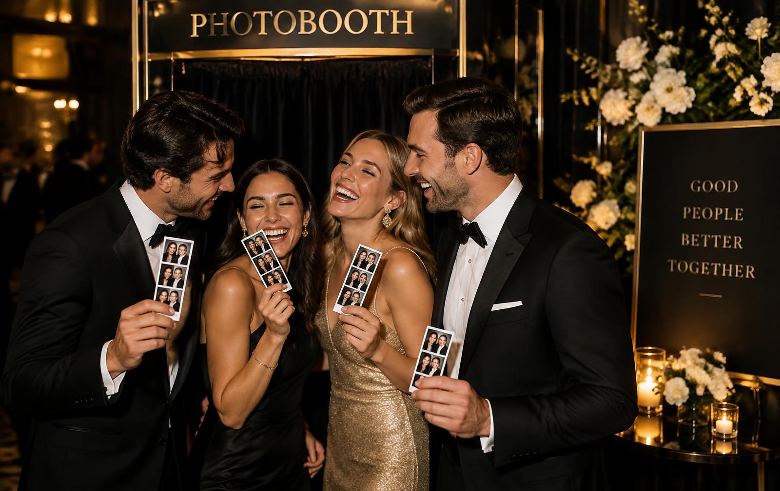 Gasten met printjes bij een photobooth op een feest